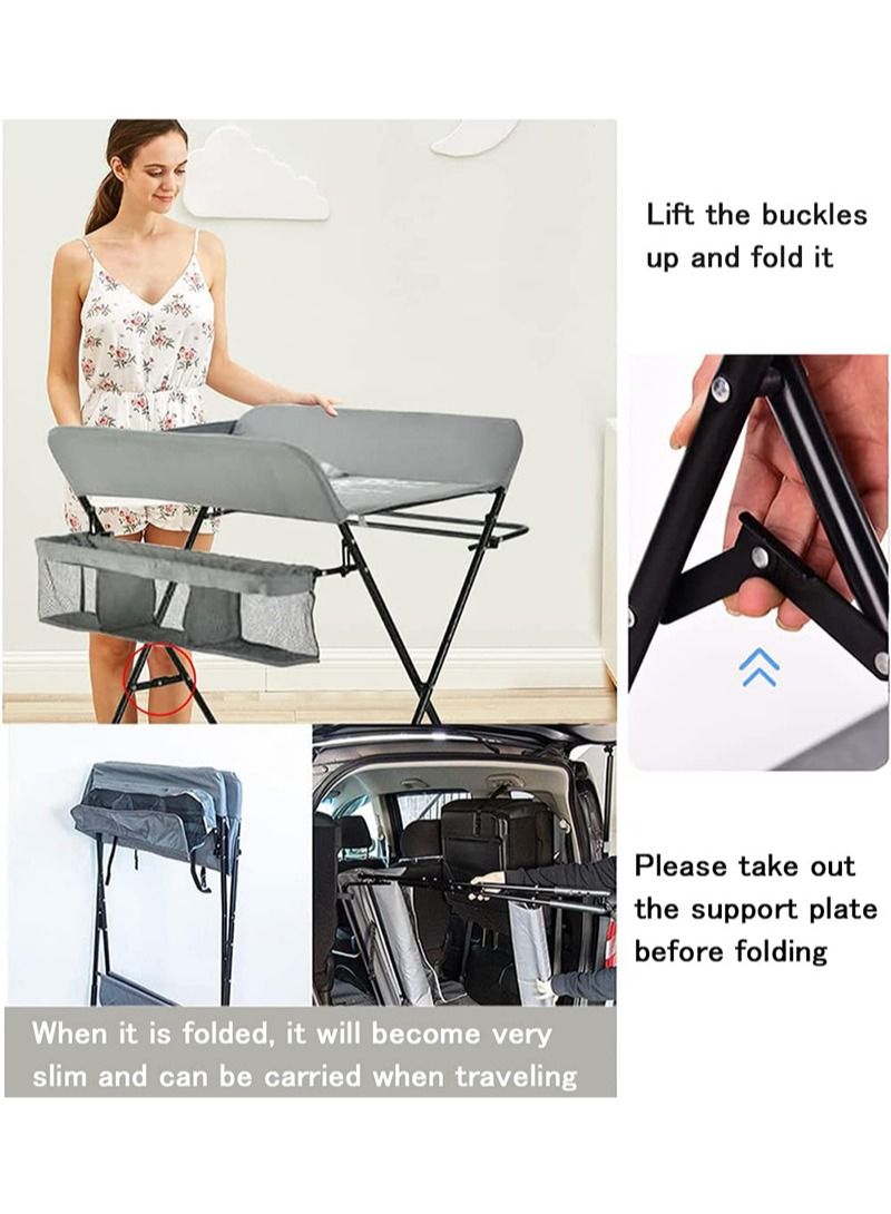 Baby Folding Changing Table with Wheels, Adjustable Height Folding Portable Diaper Station Nursery Organizer with Newborn Clothes Drying Rack and Storage Rack for Infant