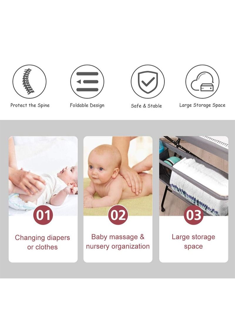 Baby Folding Changing Table with Wheels, Adjustable Height Folding Portable Diaper Station Nursery Organizer with Newborn Clothes Drying Rack and Storage Rack for Infant