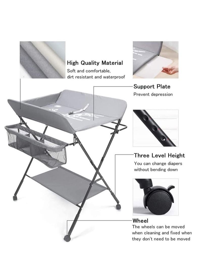 EZdenK Baby Folding Changing Table with Wheels, Adjustable Height Folding Portable Diaper Station Nursery Organizer with Newborn Clothes Drying Rack and Storage Rack for Infant  - Image 5