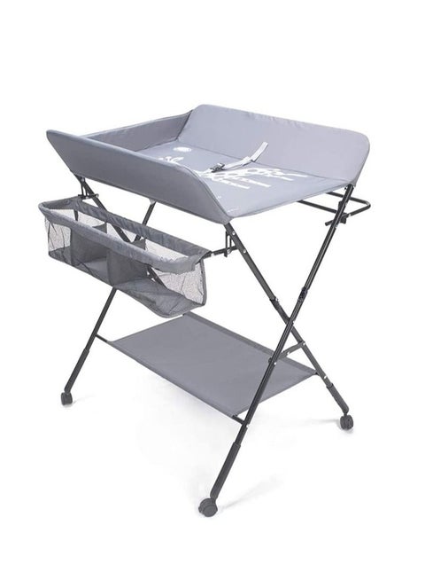 Baby Folding Changing Table with Wheels, Adjustable Height Folding Portable Diaper Station Nursery Organizer with Newborn Clothes Drying Rack and Storage Rack for Infant