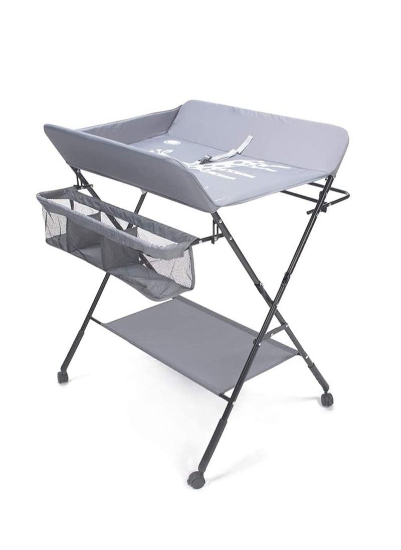 EZdenK Baby Folding Changing Table with Wheels, Adjustable Height Folding Portable Diaper Station Nursery Organizer with Newborn Clothes Drying Rack and Storage Rack for Infant  - Image 1