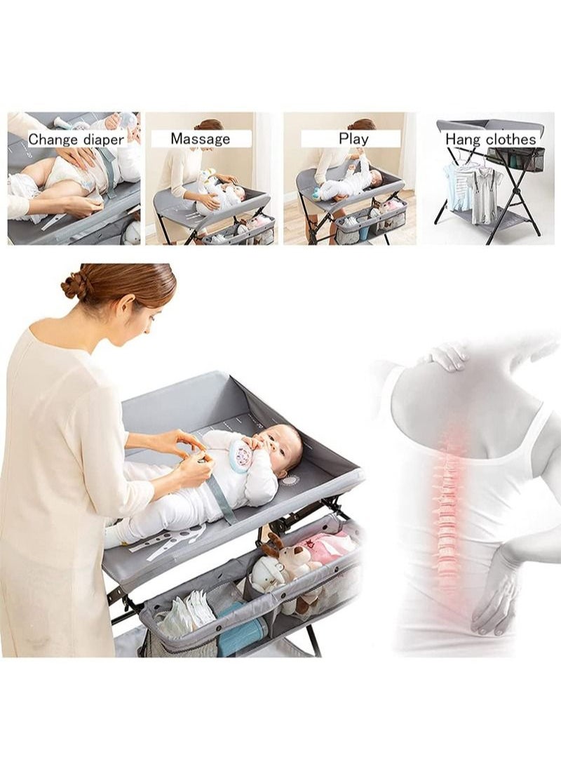 EZdenK Baby Folding Changing Table with Wheels, Adjustable Height Folding Portable Diaper Station Nursery Organizer with Newborn Clothes Drying Rack and Storage Rack for Infant  - Image 4