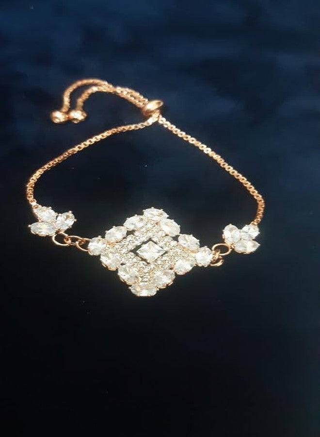FINEWORLD,Rose Gold Crystal Bracelet for Women, Adjustable Chain with White Stones, Square Centerpiece Design, Stylish Fashion Jewelry for women and girls. - Image 4
