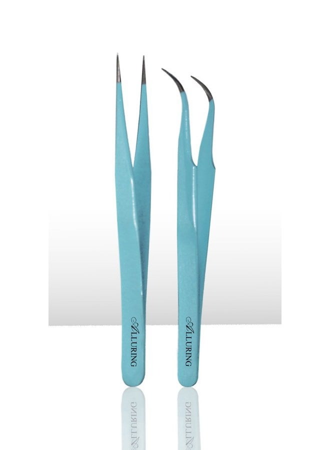 iLash Store Eyelash Extension 1 Set of Blue ESD Straight & Curved Tweezers - Image 1