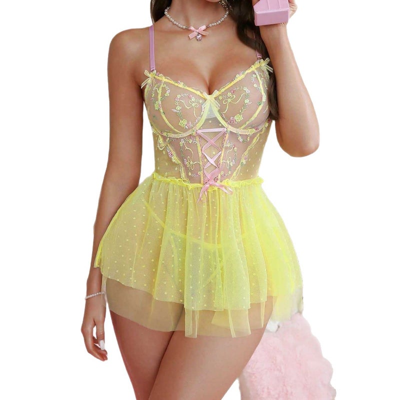 Sexy Suit New Sexy Mesh Embroidered Camisole Dress Erotic Lingerie Set - Image 5