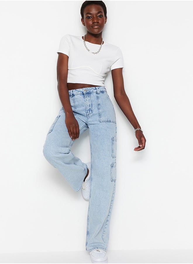 trendyol Light Blue High Waist Wide Leg Jeans with Cargo Pocket TWOSS23JE00055  - Image 2
