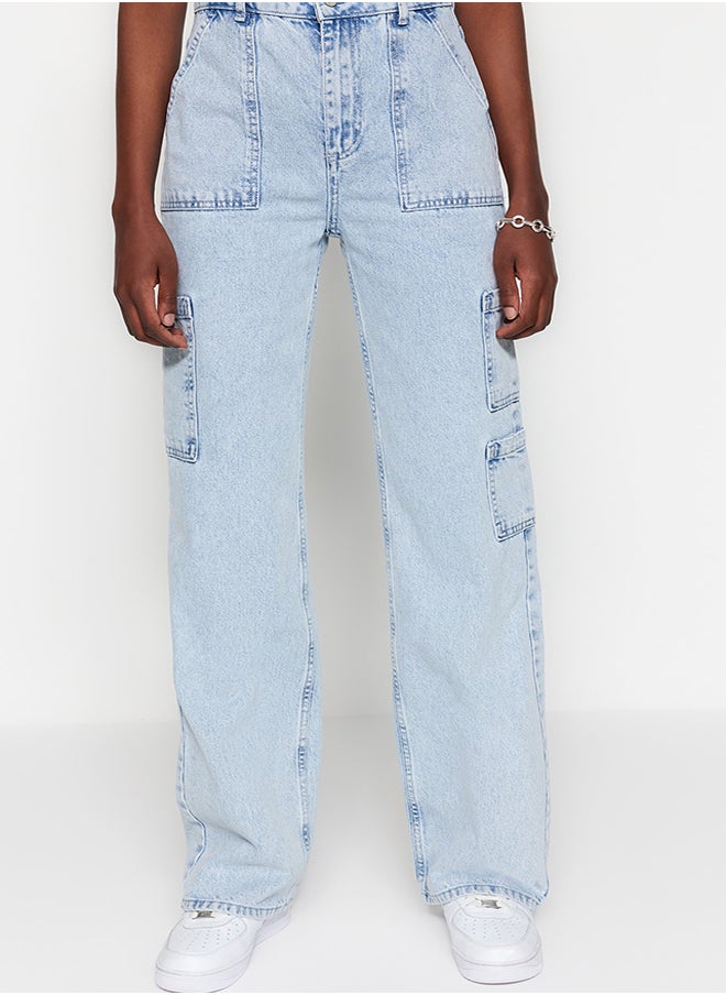 trendyol Light Blue High Waist Wide Leg Jeans with Cargo Pocket TWOSS23JE00055  - Image 1