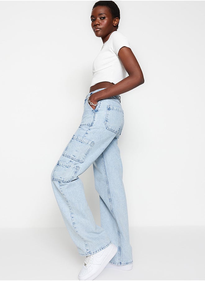 trendyol Light Blue High Waist Wide Leg Jeans with Cargo Pocket TWOSS23JE00055  - Image 4