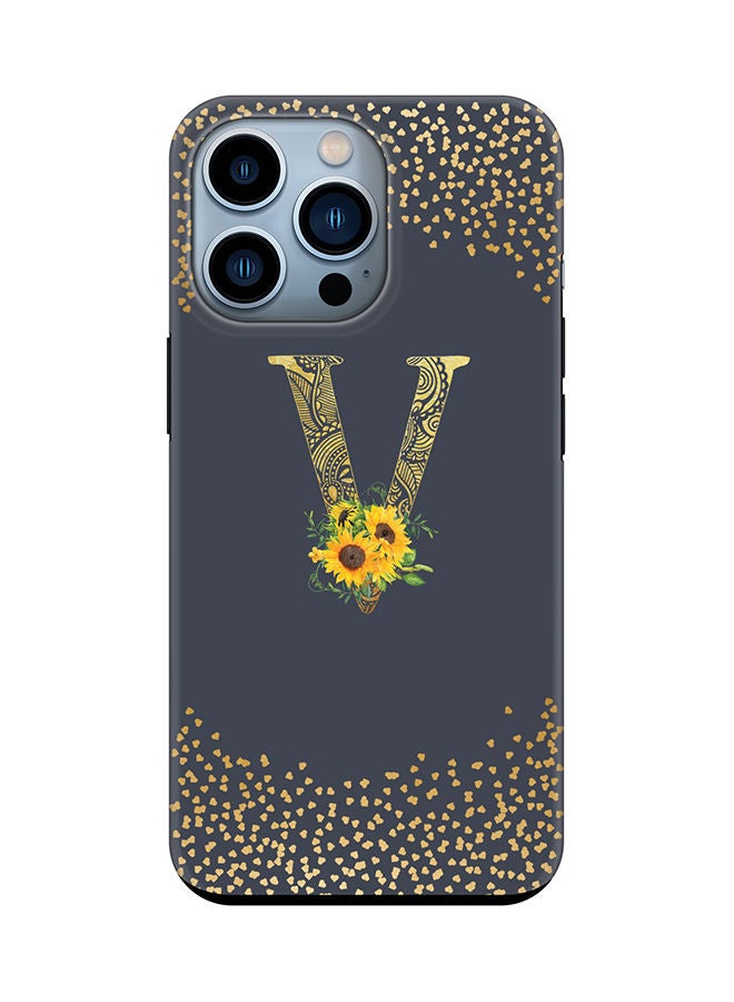 Stylizedd Monogram Tough Cover for Apple iPhone 13 Pro Case Custom Initials Letter Floral Mandala Pattern Tough Pro Dual Layer hybrid PC inner TPU protection Alphabet- V (Grey) - Image 1