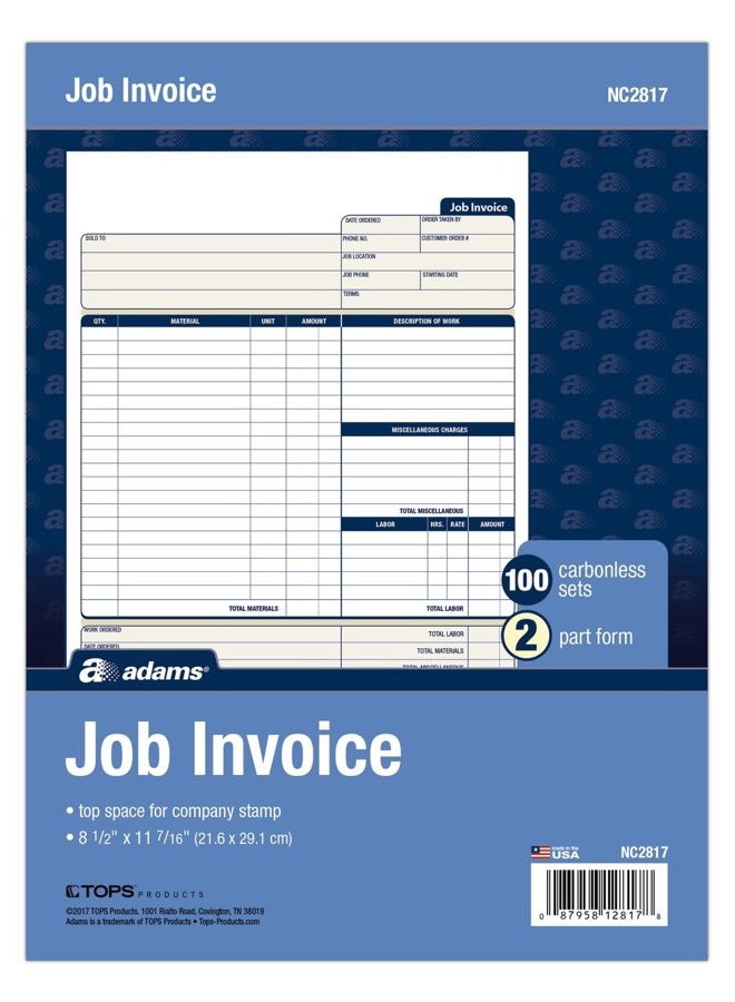 ADAMS Job Invoice Forms, 2-Part Carbonless, For Service And Repair Billing, 100 Individual Sets Per Pack (Nc2817), White, 8.5 X 11Inches - Image 1