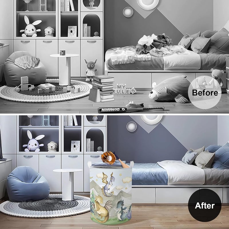 Clastyle 45L Kids Cute Dragon Nursery Hamper Mountain Tree Dirty Clothes Collapsible Laundry Basket Round Cloud Toys Storage Basket with Drawstring - Image 2