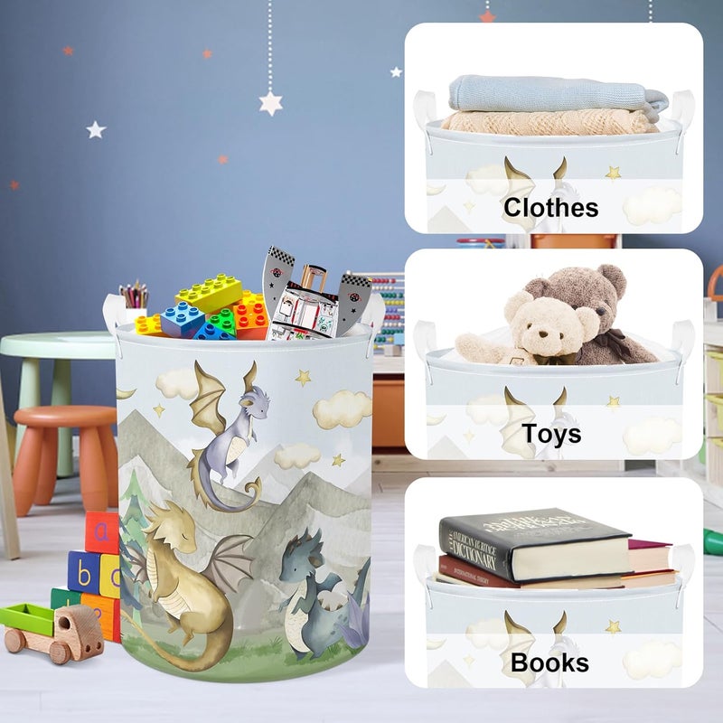 Clastyle 45L Kids Cute Dragon Nursery Hamper Mountain Tree Dirty Clothes Collapsible Laundry Basket Round Cloud Toys Storage Basket with Drawstring - Image 5