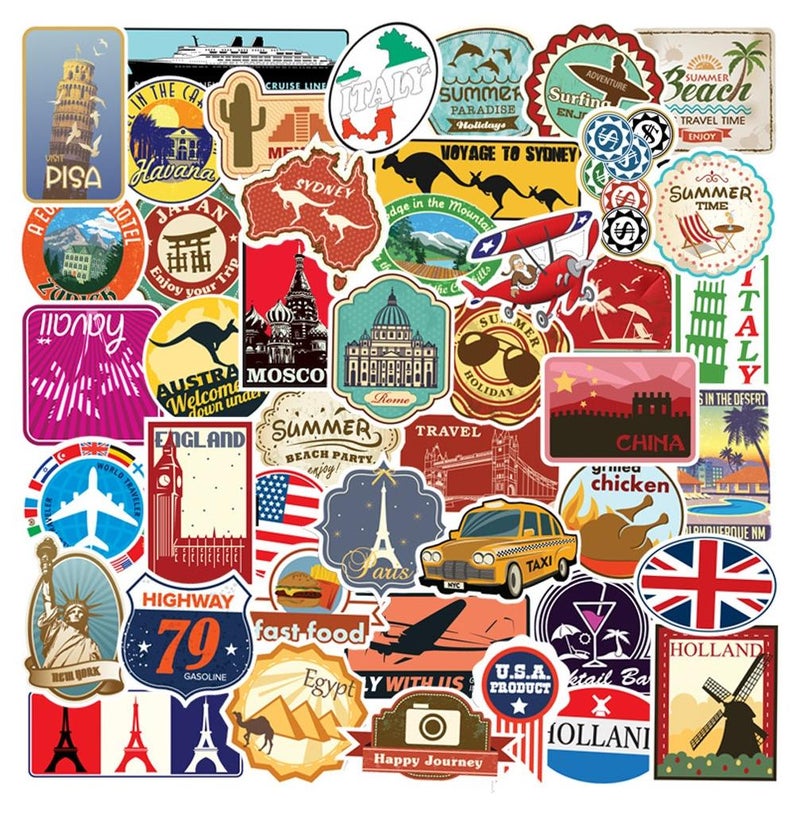 مجموعة ملصقات للسفر حول العالم مكونة من 100 قطعة من ملصقات الفينيل المقاومة للماء لأمتعة الكمبيوتر المحمول - Image 1