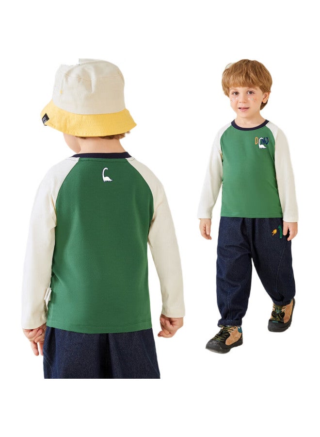 MQDMINI Children'S Clothing, Long-Sleeve T-Shirt For Boys And Girls, Base Layer, Color-Block Clothing, Letter Print + Jungle Green, Size 120 - Image 1