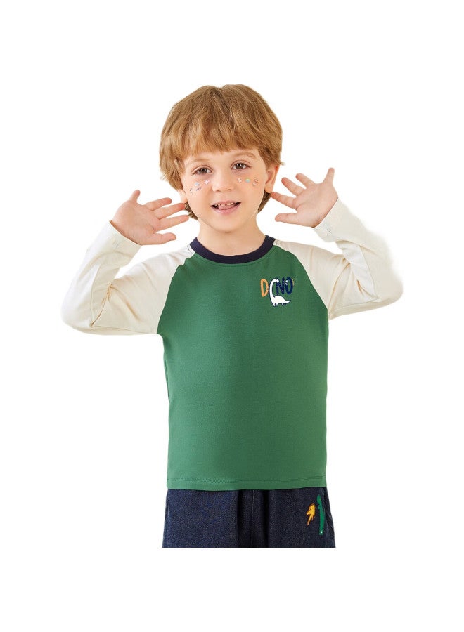 MQDMINI Children'S Clothing, Long-Sleeve T-Shirt For Boys And Girls, Base Layer, Color-Block Clothing, Letter Print + Jungle Green, Size 120 - Image 2
