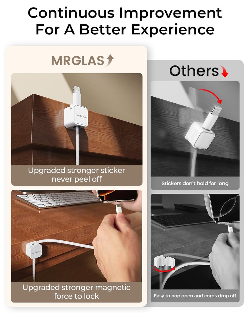MRGLAS 10Pack 2026 Upgraded Cord Organizer Magnetic Cable Clips [1s Lock] MRGLAS Cable Holder Office Desk Accessories with 4 Extra Strong Adhesive Pads, Wire Keeper for Nightstand Desktop Wall Car - Image 4