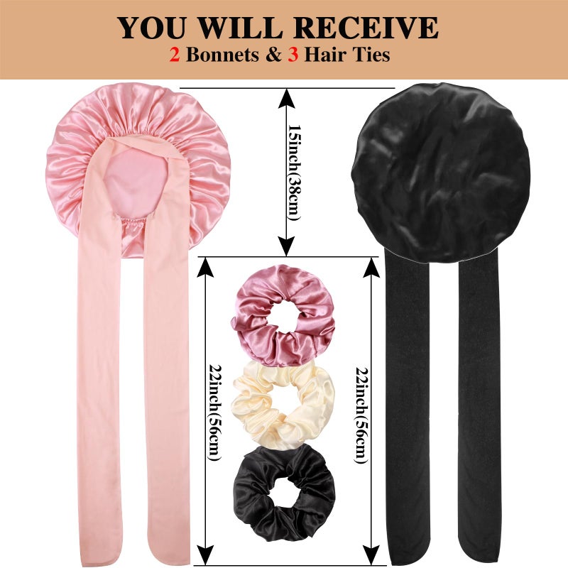Heniho 2+3 Large Satin Bonnets with Scrunchies for Women, Hair Bonnet Sleeping Tie Bonnet for Braids Curly Hair, C - Image 2