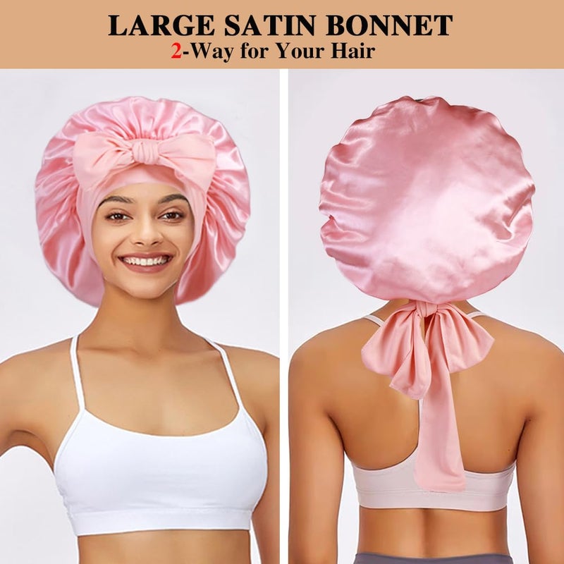 Heniho 2+3 Large Satin Bonnets with Scrunchies for Women, Hair Bonnet Sleeping Tie Bonnet for Braids Curly Hair, C - Image 3