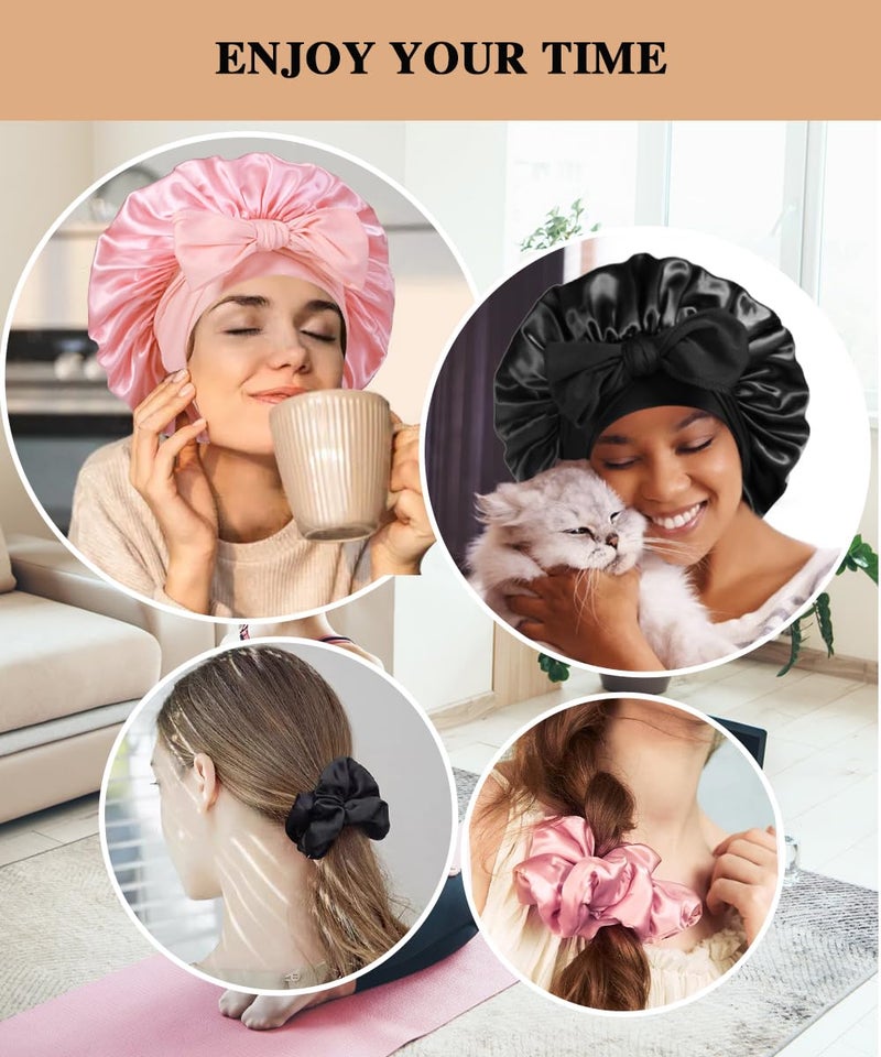 Heniho 2+3 Large Satin Bonnets with Scrunchies for Women, Hair Bonnet Sleeping Tie Bonnet for Braids Curly Hair, C - Image 5