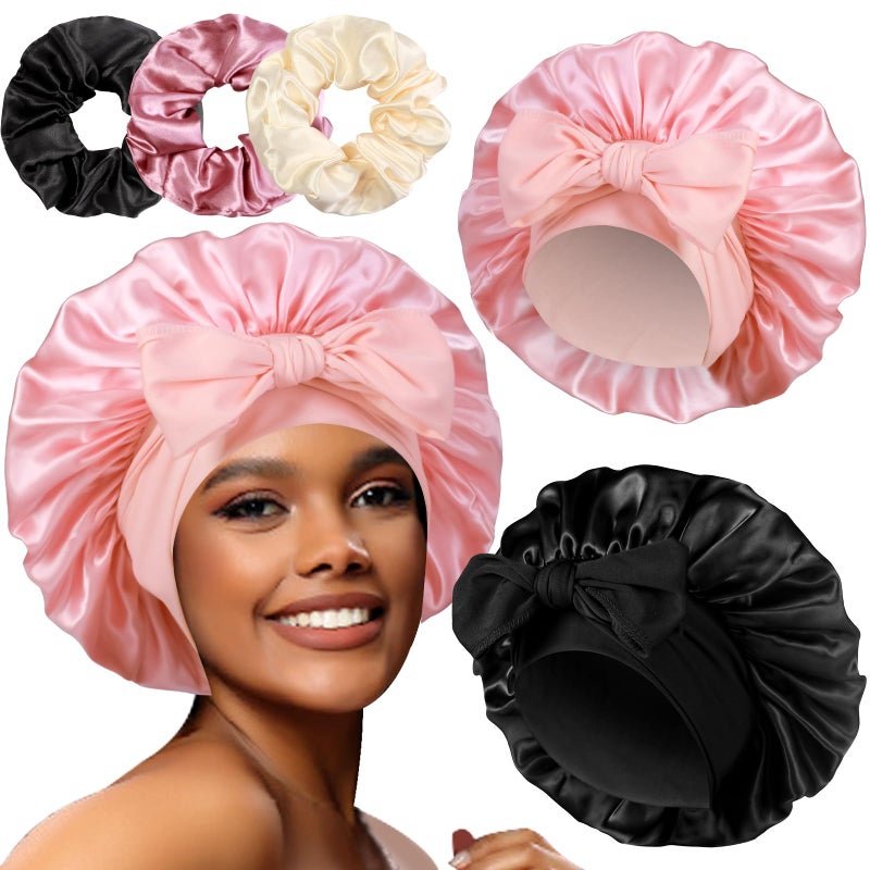 Heniho 2+3 Large Satin Bonnets with Scrunchies for Women, Hair Bonnet Sleeping Tie Bonnet for Braids Curly Hair, C - Image 1