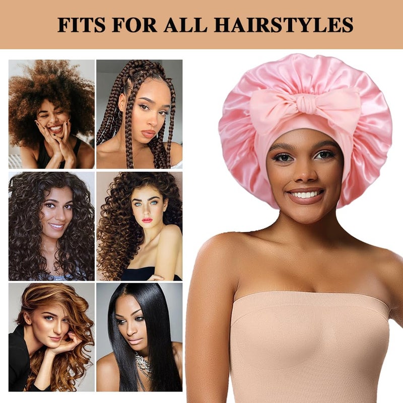 Heniho 2+3 Large Satin Bonnets with Scrunchies for Women, Hair Bonnet Sleeping Tie Bonnet for Braids Curly Hair, C - Image 4
