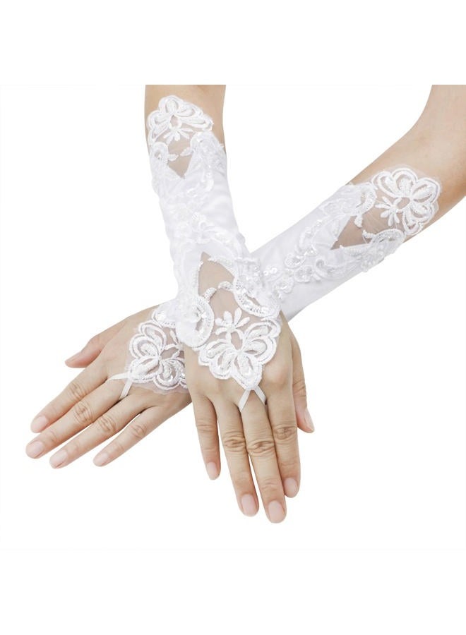 PURFUN Flower Girl Pearl Long Satin Gloves Communion Birthday Wedding Glovesfor 6-10yrs, White/Fingerless, One Size - Image 2