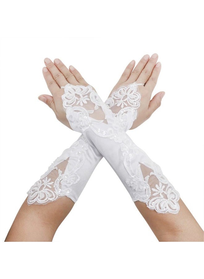 PURFUN Flower Girl Pearl Long Satin Gloves Communion Birthday Wedding Glovesfor 6-10yrs, White/Fingerless, One Size - Image 1