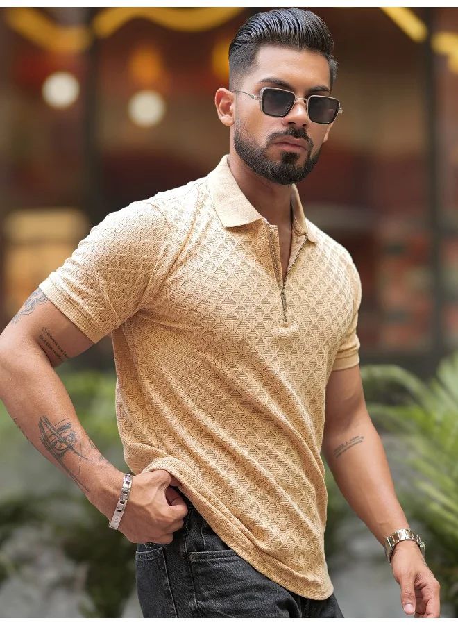 Maniac Mens Kite Textured Polo Neck Half Sleeve Beige Cotton Slim Fit T-Shirt