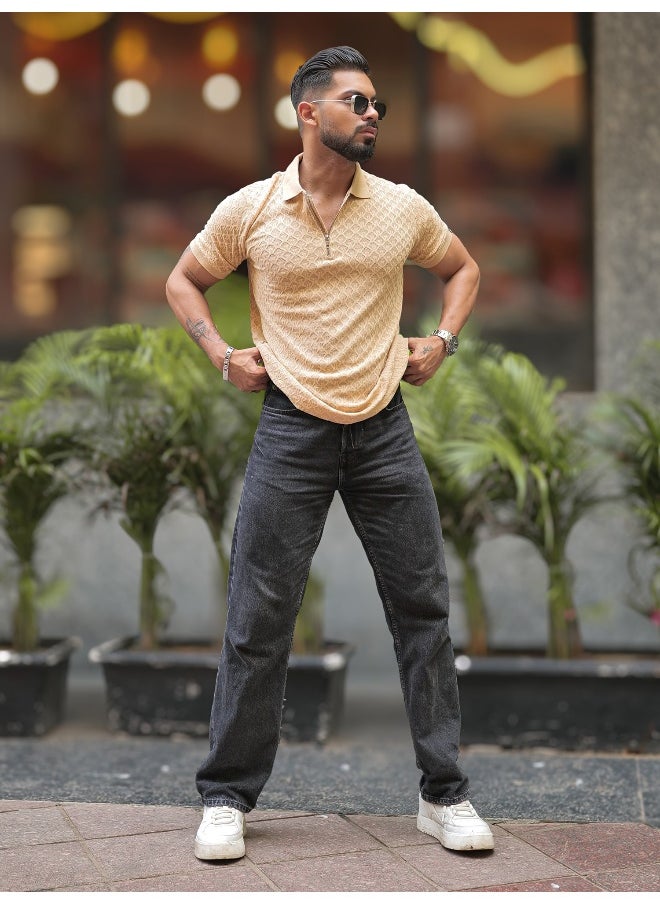 Maniac - Mens Kite Textured Polo Neck Half Sleeve Beige Cotton Slim Fit T-Shirt - Image 1
