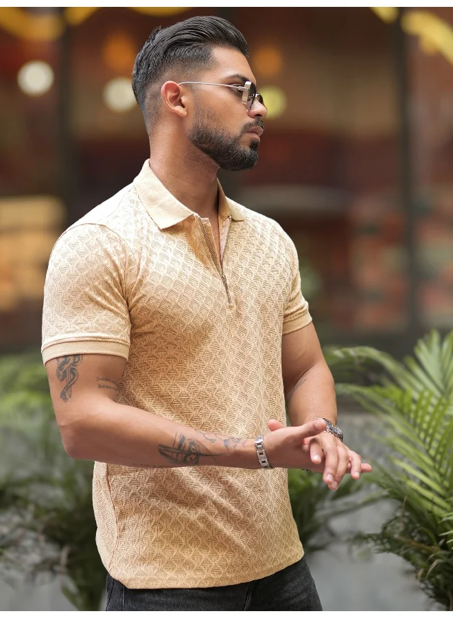Maniac Mens Kite Textured Polo Neck Half Sleeve Beige Cotton Slim Fit T-Shirt