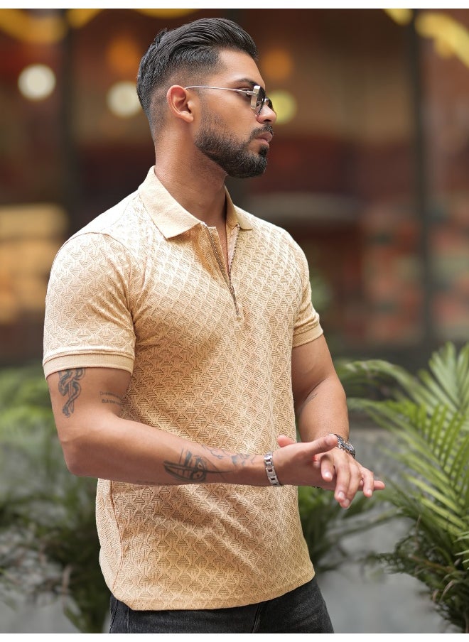 Maniac - Mens Kite Textured Polo Neck Half Sleeve Beige Cotton Slim Fit T-Shirt - Image 1