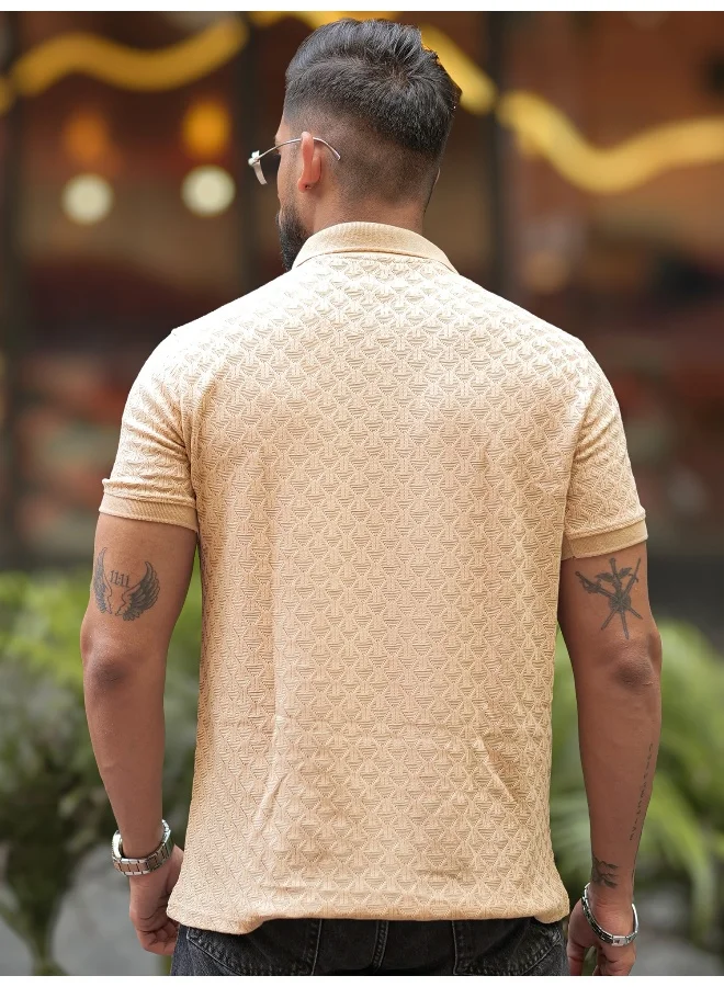 Maniac Mens Kite Textured Polo Neck Half Sleeve Beige Cotton Slim Fit T-Shirt