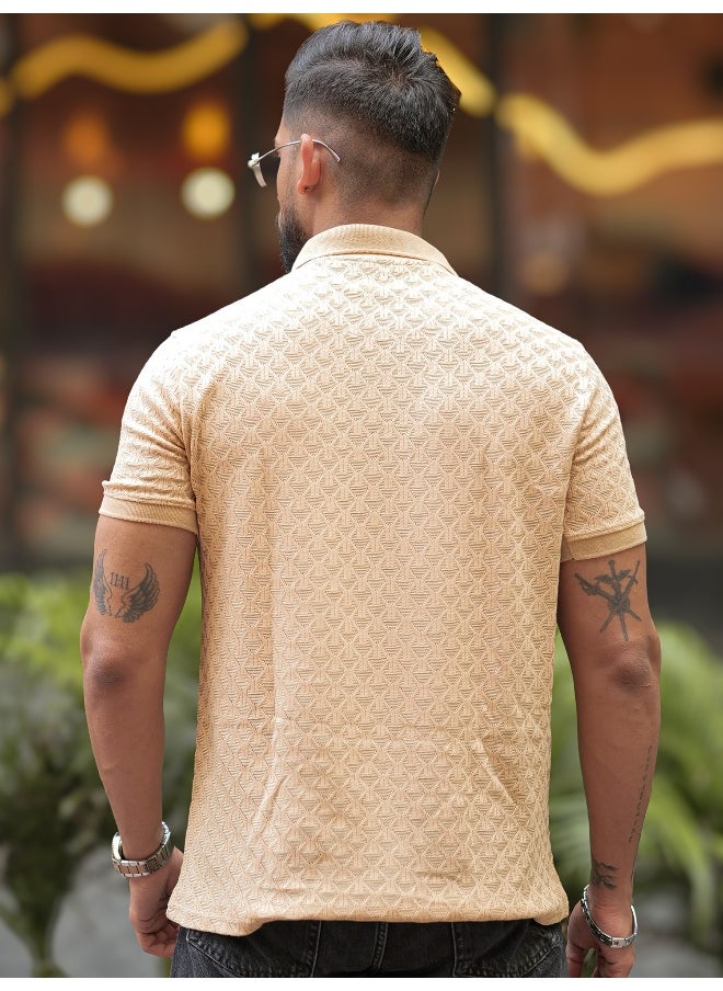 Maniac - Mens Kite Textured Polo Neck Half Sleeve Beige Cotton Slim Fit T-Shirt - Image 1