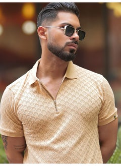 Mens Kite Textured Polo Neck Half Sleeve Beige Cotton Slim Fit T-Shirt