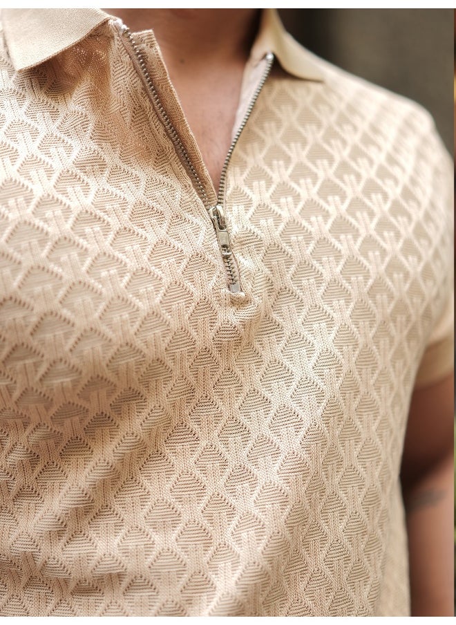 Maniac - Mens Kite Textured Polo Neck Half Sleeve Beige Cotton Slim Fit T-Shirt - Image 1