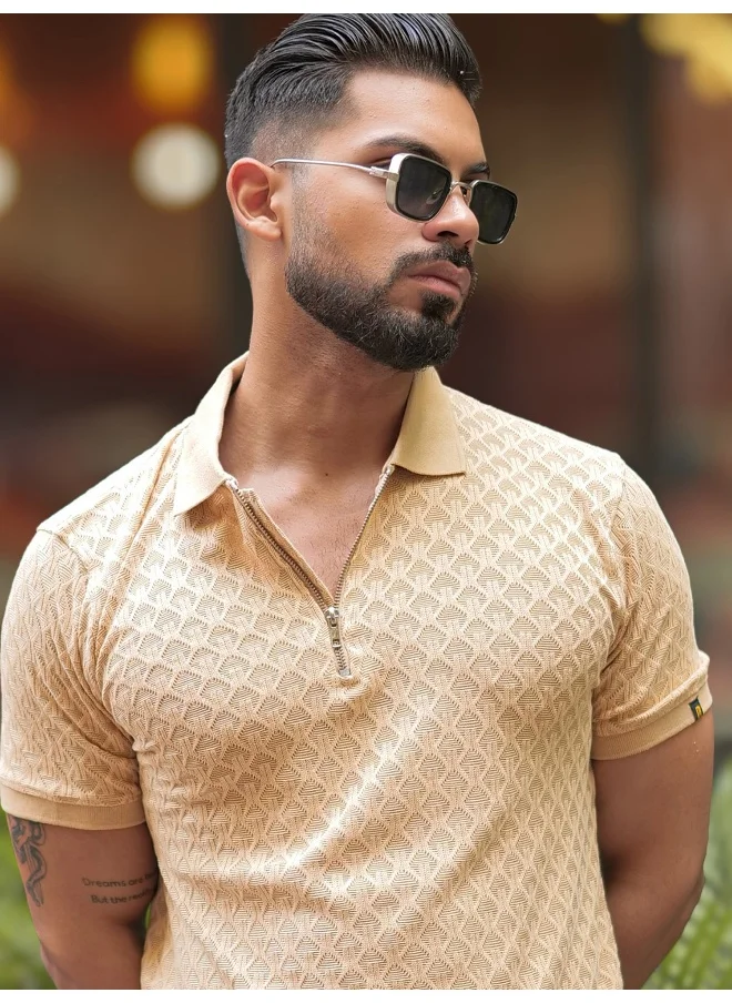 مانياك Mens Kite Textured Polo Neck Half Sleeve Beige Cotton Slim Fit T-Shirt