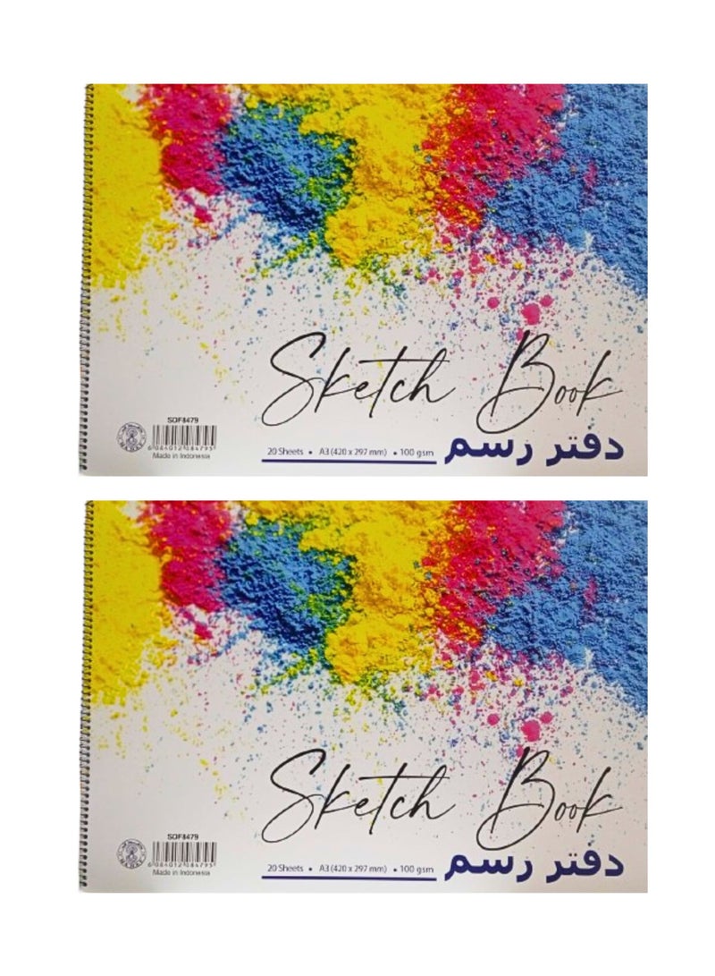 Sadaf Spiral Sketch Pad, A3 Size, White 100 gsm 20 Sheets (Pack of 2) - Image 1
