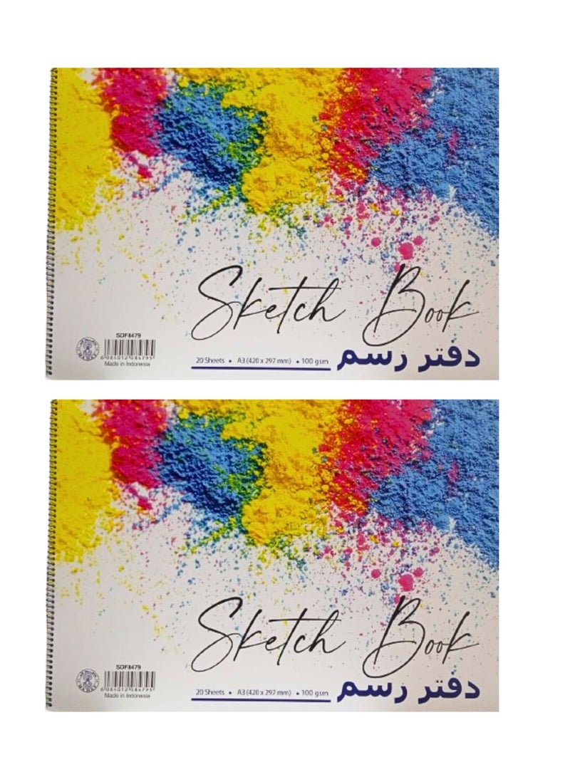 Sadaf Spiral Sketch Pad, A3 Size, White 100 gsm 20 Sheets (Pack of 2) - Image 2