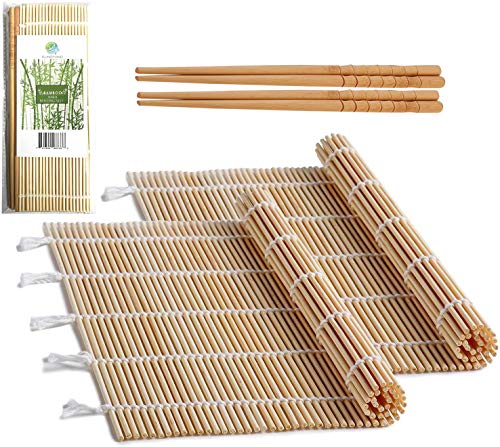 FUNGYAND Bamboo Sushi Rolling Mat with 2 Pairs of Chopsticks Natural Bamboo 9.5"x9.5" 2 Pcs Sushi Making Kit - Image 1
