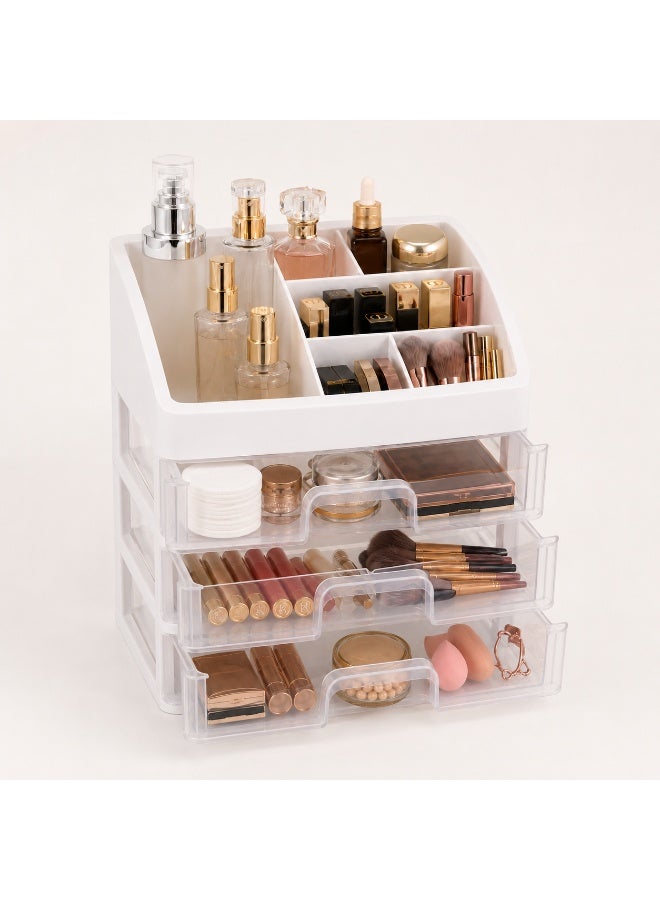 3-Drawer Cosmetic Organizer with Top Storage, Desktop Makeup Storage Box, White - Image 1