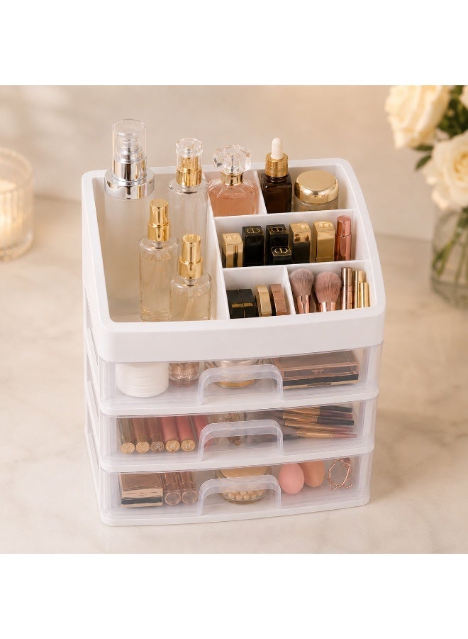 3-Drawer Cosmetic Organizer with Top Storage, Desktop Makeup Storage Box, White - Image 3