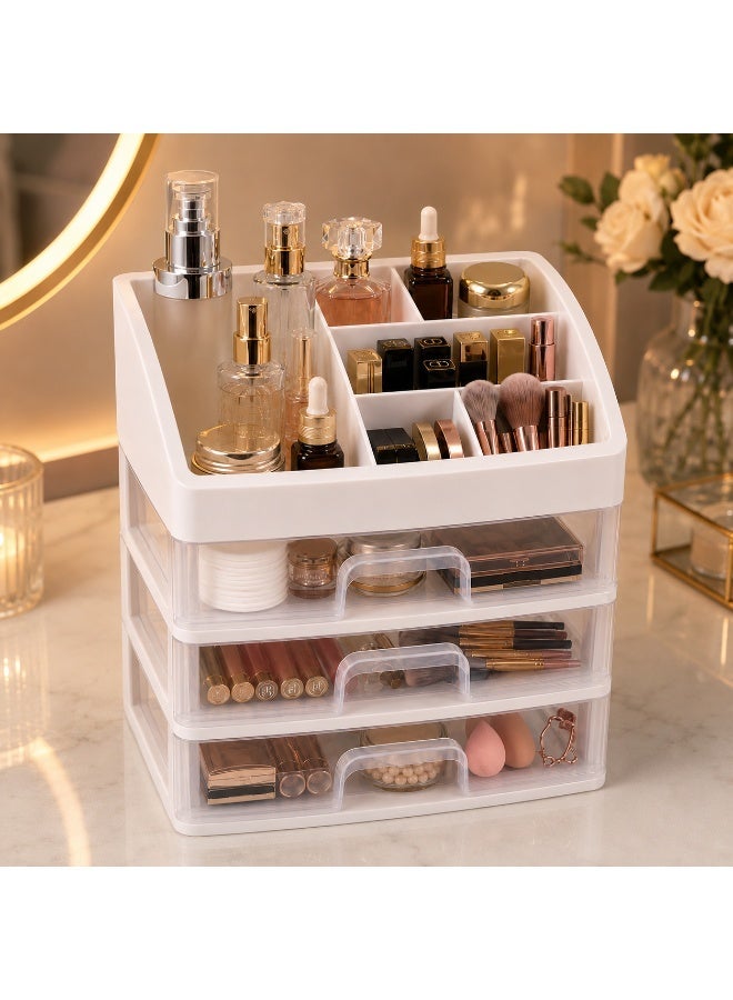 3-Drawer Cosmetic Organizer with Top Storage, Desktop Makeup Storage Box, White - Image 2