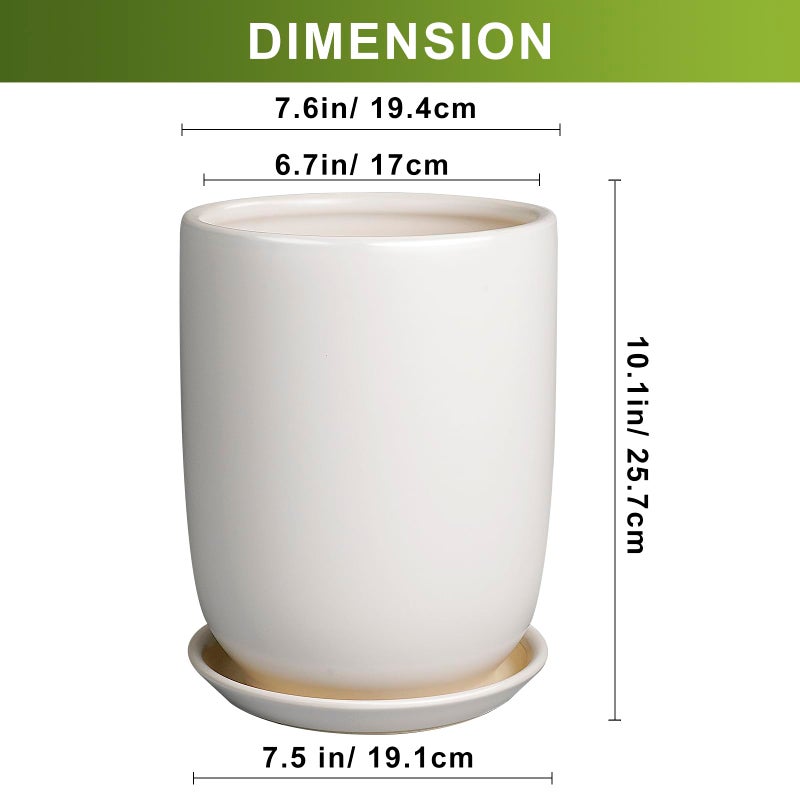 SUNPOTFOR Plant Pot 8 Inch - Ceramic Planter for Indoor Plants Outdoor, Large Plant Pot with Drainage Hole and Saucer, Modern Flower Pot, White - Image 3