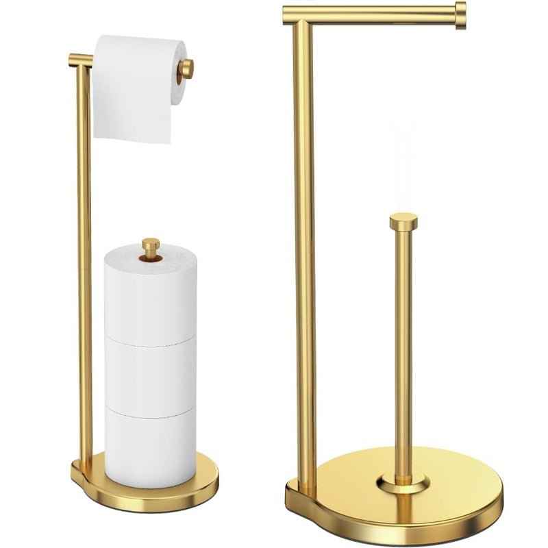 theaoo Heavy-Duty Toilet Paper Holder Stand â€“ Modern Freestanding Bathroom Toilet Tissue Paper Roll Holder with Reserve & Storage, Stainless Steel (Gold, Free Standing) - Image 1