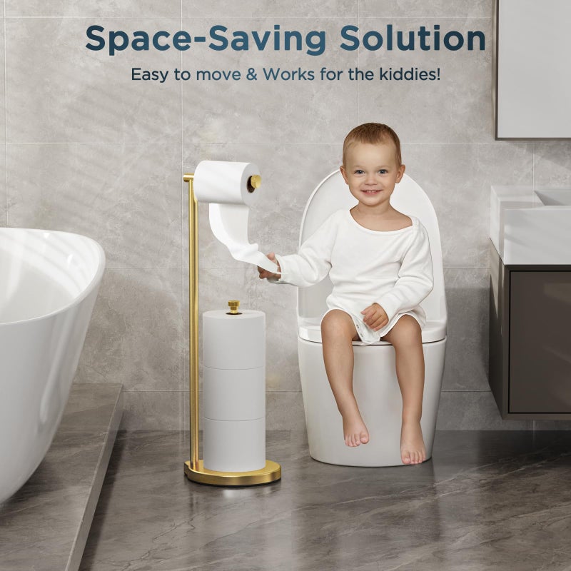 theaoo Heavy-Duty Toilet Paper Holder Stand â€“ Modern Freestanding Bathroom Toilet Tissue Paper Roll Holder with Reserve & Storage, Stainless Steel (Gold, Free Standing) - Image 3