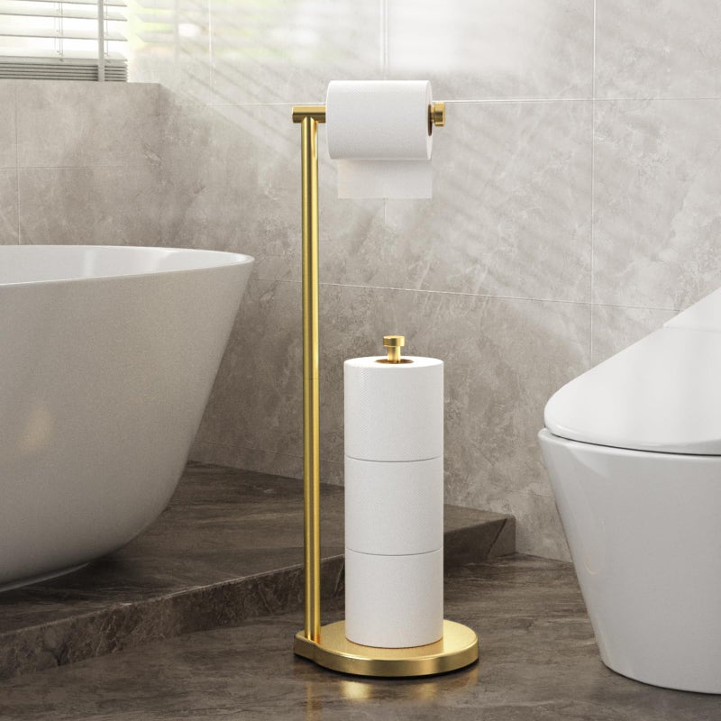 theaoo Heavy-Duty Toilet Paper Holder Stand â€“ Modern Freestanding Bathroom Toilet Tissue Paper Roll Holder with Reserve & Storage, Stainless Steel (Gold, Free Standing) - Image 2