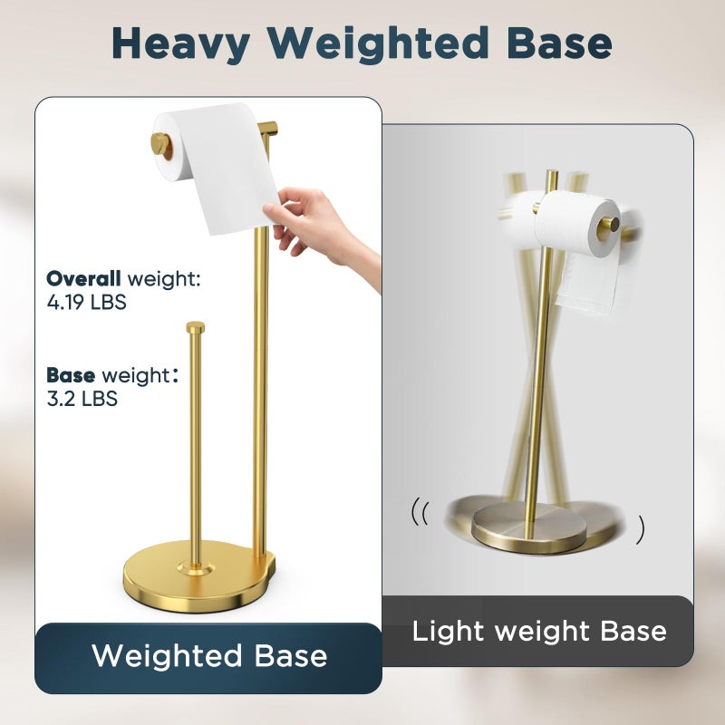 theaoo Heavy-Duty Toilet Paper Holder Stand â€“ Modern Freestanding Bathroom Toilet Tissue Paper Roll Holder with Reserve & Storage, Stainless Steel (Gold, Free Standing) - Image 5
