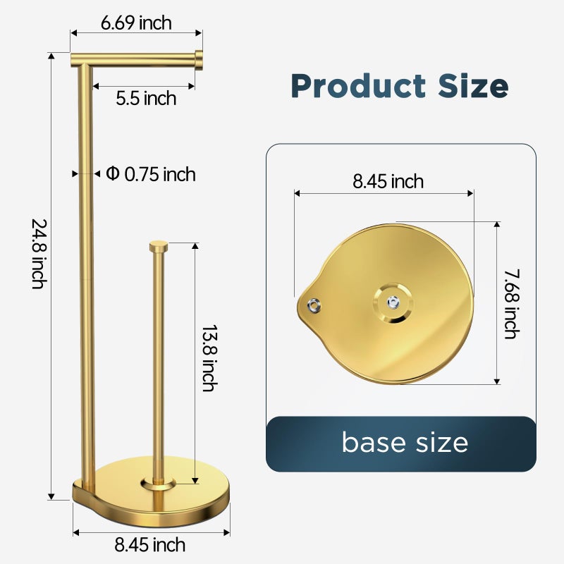theaoo Heavy-Duty Toilet Paper Holder Stand â€“ Modern Freestanding Bathroom Toilet Tissue Paper Roll Holder with Reserve & Storage, Stainless Steel (Gold, Free Standing) - Image 4