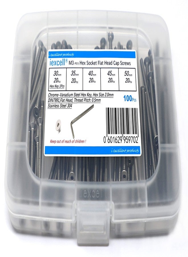iExcell 100 Pcs M3 x 30/35/40/45/50 Stainless Steel 304 Hex Socket Flat Head Cap Screws Bolts Assortment Kit - Image 1