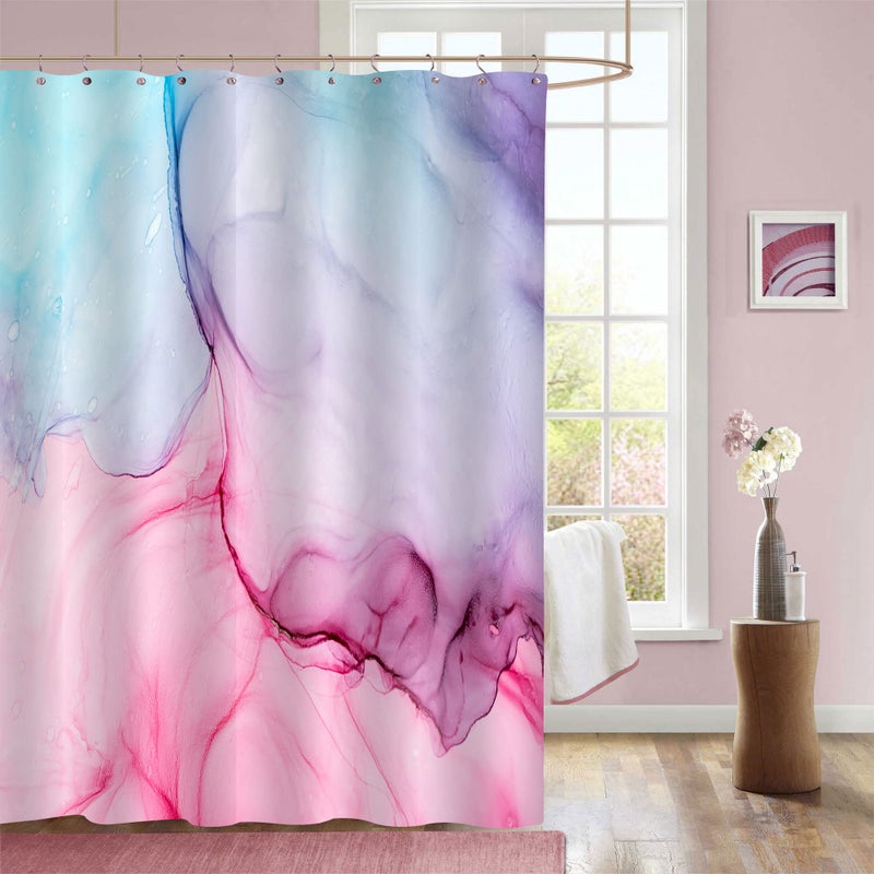 Gibelle Abstract Shower Curtain Pink Purple Blue Marble Shower Curtain for Bathroom Modern Ink Art Decor Waterproof Fabric Shower Curtain Set with Hooks 71x71